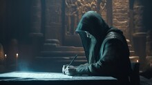 Ancient Man With Dark Hood In A Temple Reading An Old Book