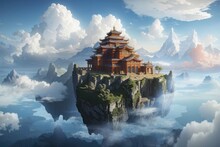 Chinese Temple In The Morning In Floated Islands With Beautiful Clouds