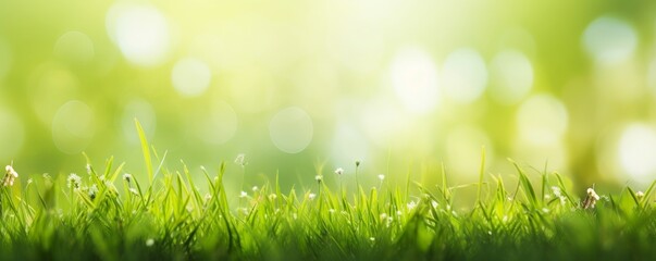 Wall Mural - A fresh spring sunny garden background of green grass and blurred foliage bokeh, Generative AI