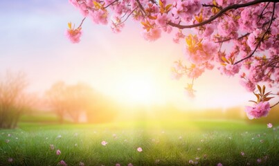 Wall Mural - Pink cherry tree blossom flowers blooming in a green grass meadow on a spring Easter sunrise background, Generative AI