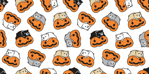 Wall Mural - bear polar seamless pattern Halloween pumpkin sleeping vector pet doodle cartoon character tile background gift wrapping paper repeat wallpaper scarf isolated