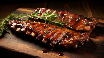Delicious barbecued ribs seasoned with a spicy basting sauce and served with chopped fresh herbs on an old rustic wooden chopping board dark background