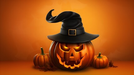 Wall Mural - Halloween pumpkin head jack lantern in black hat isolated on orange background