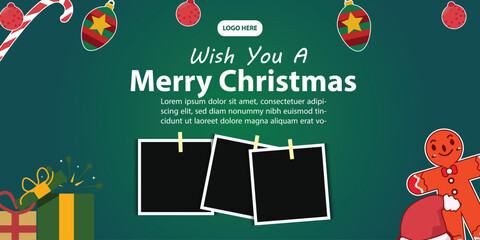 Wall Mural - vector template for merry Christmas poster, banner, social media post, with green background and polaroid Christmas ornaments for photos