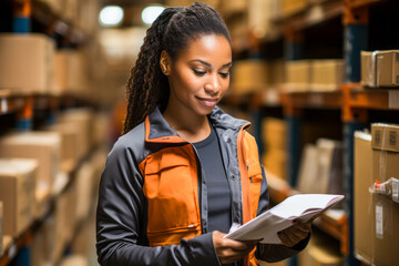 Efficient woman multitasking in inventory management with clipboard and parcel, in a logistics setting.