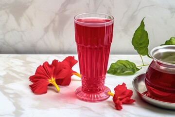 Canvas Print - hibiscus tea cup on a white marble table, surrounded by fresh hibiscus flowers