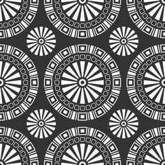 Wall Mural - Abstract seamless vector pattern with round geometric shapes, symbols. Tribal pattern. Geometric shapes pattern. White shapes, isolated on black background.