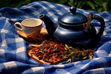 Sticker - teapot with a small pile of tea leaves on a blue picnic blanket