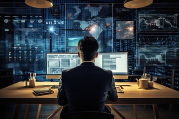 Wall Mural - Back view of young businessman working with computer in modern office. Mixed media, Back view of businessman working with virtual panel and infographs at background, AI Generated