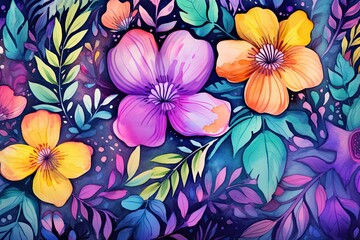 Sticker - Watercolor floral background with colorful flowers and leaves. Hand drawn illustration, Background of leaves and flowers in watercolor, AI Generated