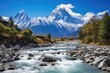 Mountain landscape with river and blue sky in Himalayas, Nepal, Baishui River Baishui Tai or White Water River at Jade Dragon Snow Mountain Yulong mountain in Yunnan, China, AI Generated