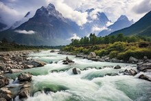 Mountain River In The Himalayas, Nepal. The Concept Of Active And Photo Tourism, Baishui River Baishui Tai Or White Water River At Jade Dragon Snow Mountain Yulong Mountain In Yunnan, AI Generated