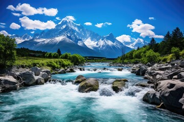 Sticker - Mountain landscape with clear blue river and snow capped peaks, Baishui River Baishui Tai or White Water River at Jade Dragon Snow Mountain Yulong mountain in Yunnan, China, AI Generated