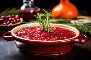 Sticker - bowl of ruby-red cranberry sauce beside sprigs of rosemary