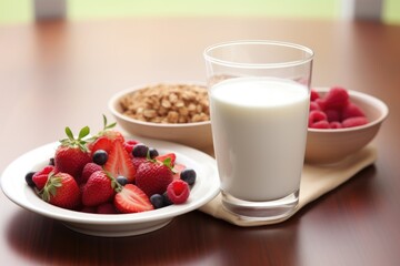 Canvas Print - a view of a healthy breakfast: whole grain cereal, milk and berries