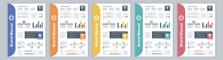 DIN A3 business brand manual templates set. Company identity brochure page with infographic financial data. Marketing research, and commercial offer. Vector layout design for poster, cover, brochure