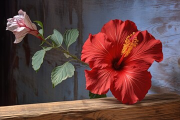 Sticker - a hibiscus flower against an old rustic wooden background