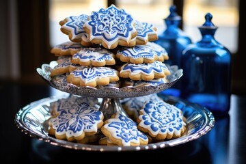 Sticker - a display of homemade hanukkah sugar cookies on a glass stand