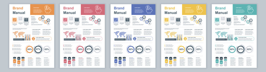 Poster - DIN A3 business brand manual templates set. Company identity brochure page with infographic financial data. Marketing research, and commercial offer. Vector layout design for poster, cover, brochure