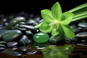 Canvas Print - a green orchid flower lying next to a soap on a bed of pebbles