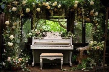 Canvas Print - piano under a backyard pergola covered in ivy and flowers