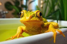 Close-up Of A Rubber Frog Toy On Bathtub Edge