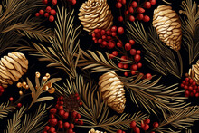Christmas Seamless Pattern, Red Berries, Fir Twigs, Cedar Cones, Black Background. Nature Design. Season Greeting. Winter Xmas Holidays