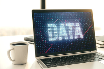 Wall Mural - creative data word hologram on modern laptop monitor, big data and blockchain concept. 3d rendering
