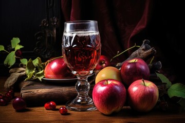 Wall Mural - dark cider in a crystal clear glass surrounded by apples