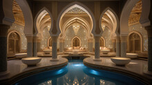 Traditional Arabic Hammam (Bath) With Intricate Tiles, Mosaic Patterns, Carved Marble Benches, Arabic Spa Luxury