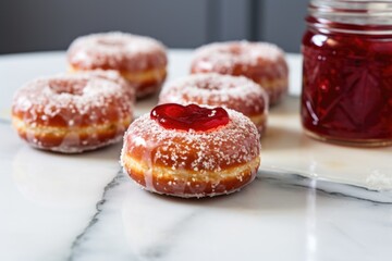 Sticker - jelly donuts glazed with glossy sugar on a marble countertop