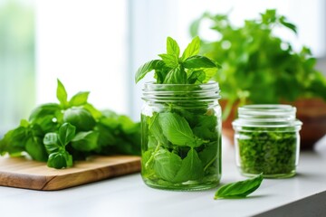 Poster - fresh mint leaves in a glass jar on kitchen countertop