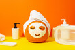 Leinwandbild Motiv Pumpkin with face mask and skin care products