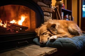 Sticker - a dog snoozing in a pet bed positioned next to a fireplace