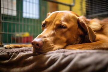 Poster - dog sleeping peacefully in a kennel