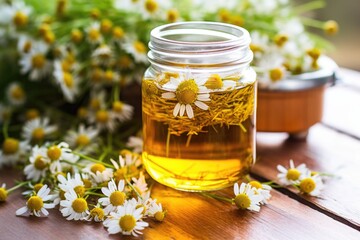 Wall Mural - loose chamomile flowers in a glass jar with chamomile tea