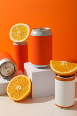 Sticker - Tin cans and oranges on orange background