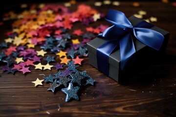Wall Mural - stars-shaped confetti scattered on dark wood table with gift boxes