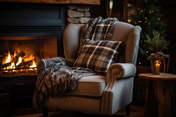 Poster - comfortable chair next to a cozy fireplace