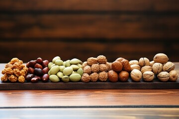 Wall Mural - a row of different sort of nuts on a wooden table