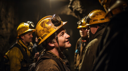 Poster - The engineer talking with group labor in the mine tunnel