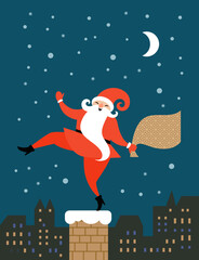 Wall Mural - Christmas and New Year Greeting card. Funny Santa is dancing on the roof on night city backgound. Santa is coming down the chimney