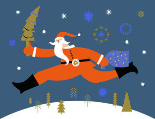 Poster - Christmas and New Year Greeting card. Funny Santa Claus run with xmas tree. Flat design style