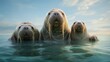 Three walruses are swimming in the ocean, AI