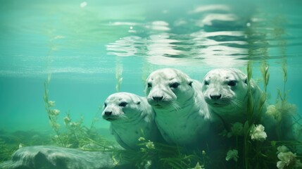 Wall Mural - Three seals are swimming in the water, AI