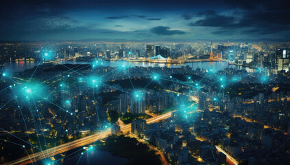 Wall Mural - Large city with skyscrapers and network connections over a cityscape