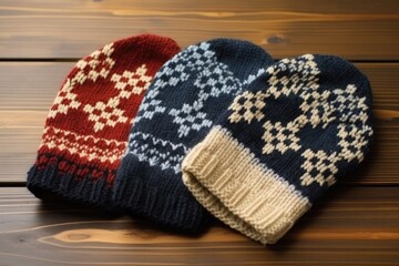 Wall Mural - a set of handmade woolen mittens on wooden table