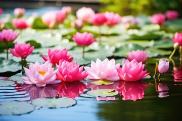 Poster - beautiful blooming lotus in a pond with lily pads