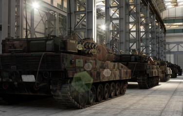 Wall Mural - modern tanks in the halls of the repair facility.3d illustration.