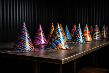 Sticker - diagonal row of multi-colored party hats on a black table